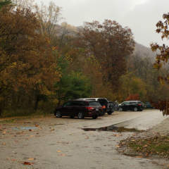 Parking lot with cars in Ohiopyle