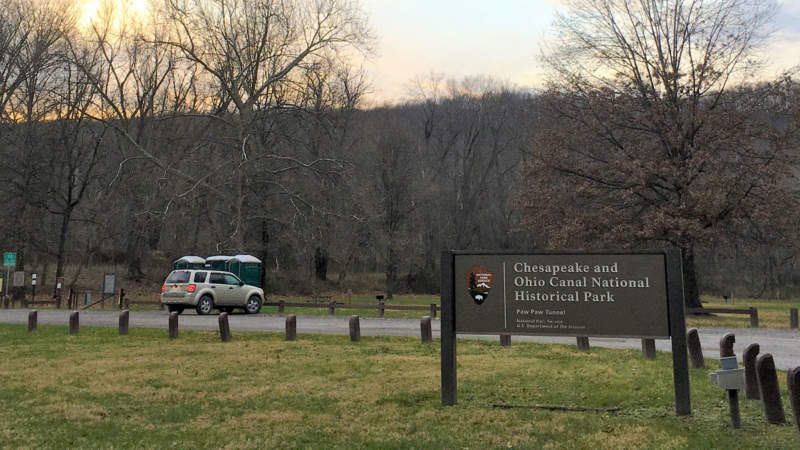 Parking lot and sign for Paw Paw Tunnel in C&O Canal National Historical Park